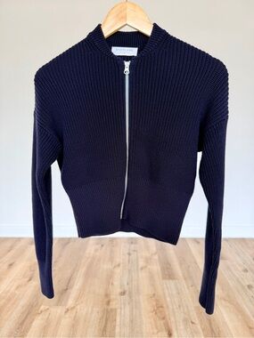 Everlane Rib Knit Zip Front Cardigan XS Navy Cotton Blend Bomber Sweater